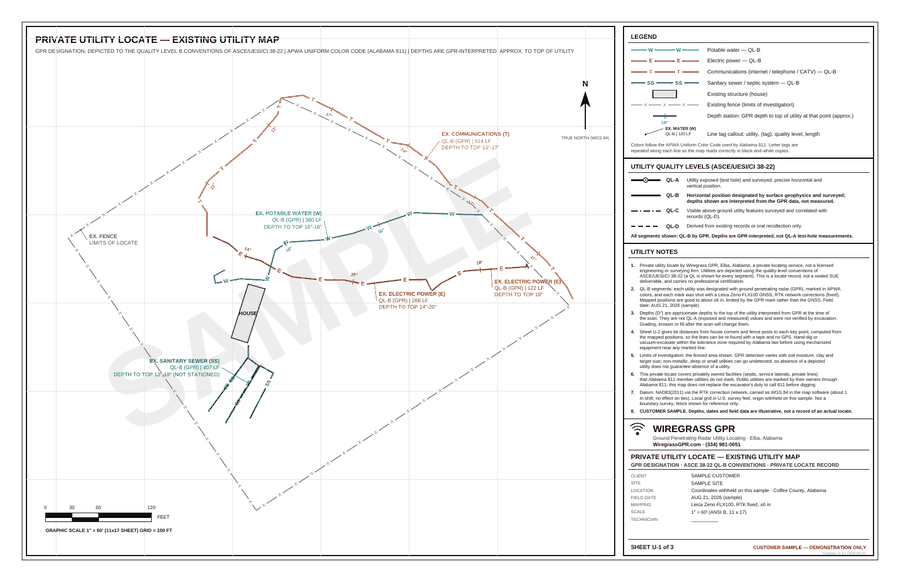 Sheet U-1: existing utility map with color-coded water, electric, communications and sewer lines, depth callouts and legend